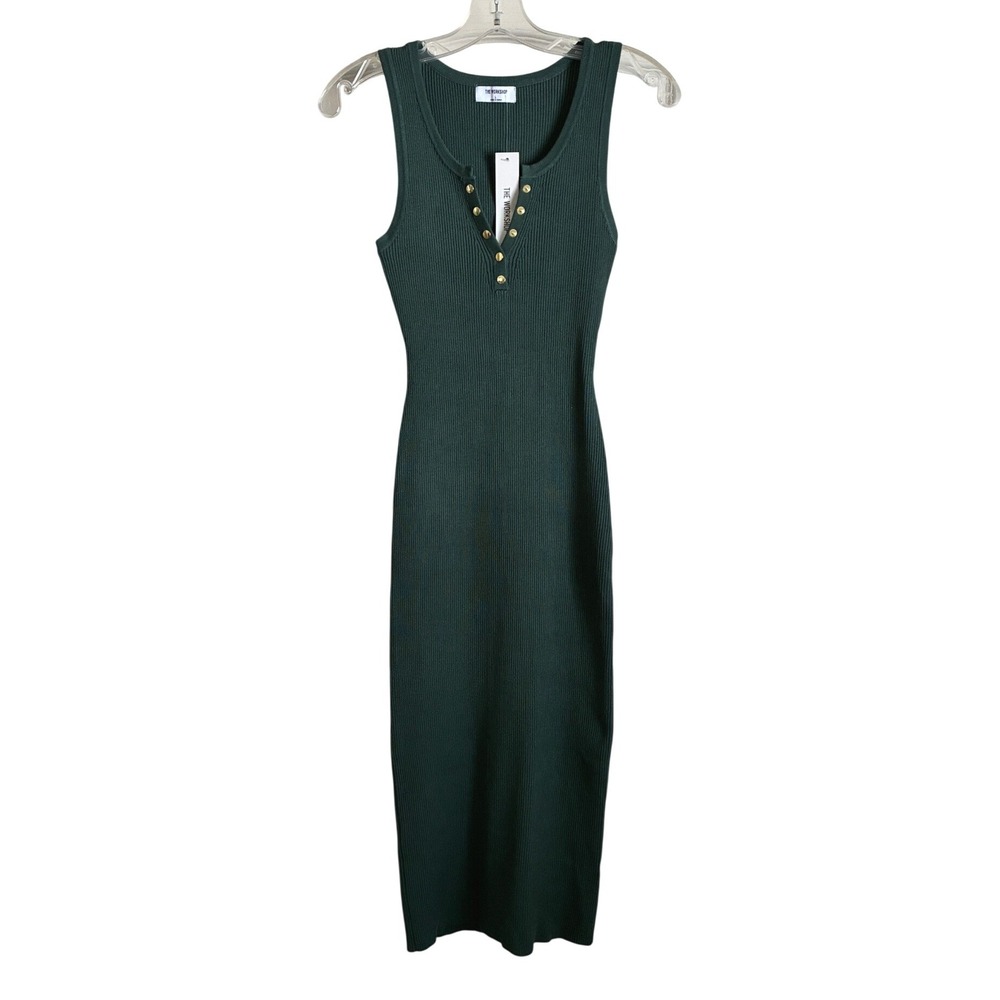 The Workshop Womens Sleeveless L Green Ribbed Henley Midi Dress Gold Buttons NWT